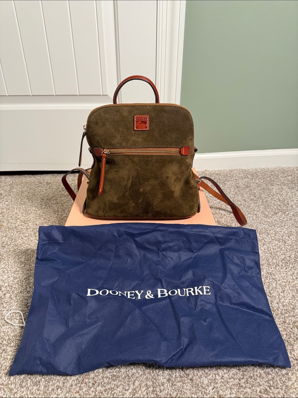 Dooney & Bourke Olive Suede Backpack with Brown Leather Trim